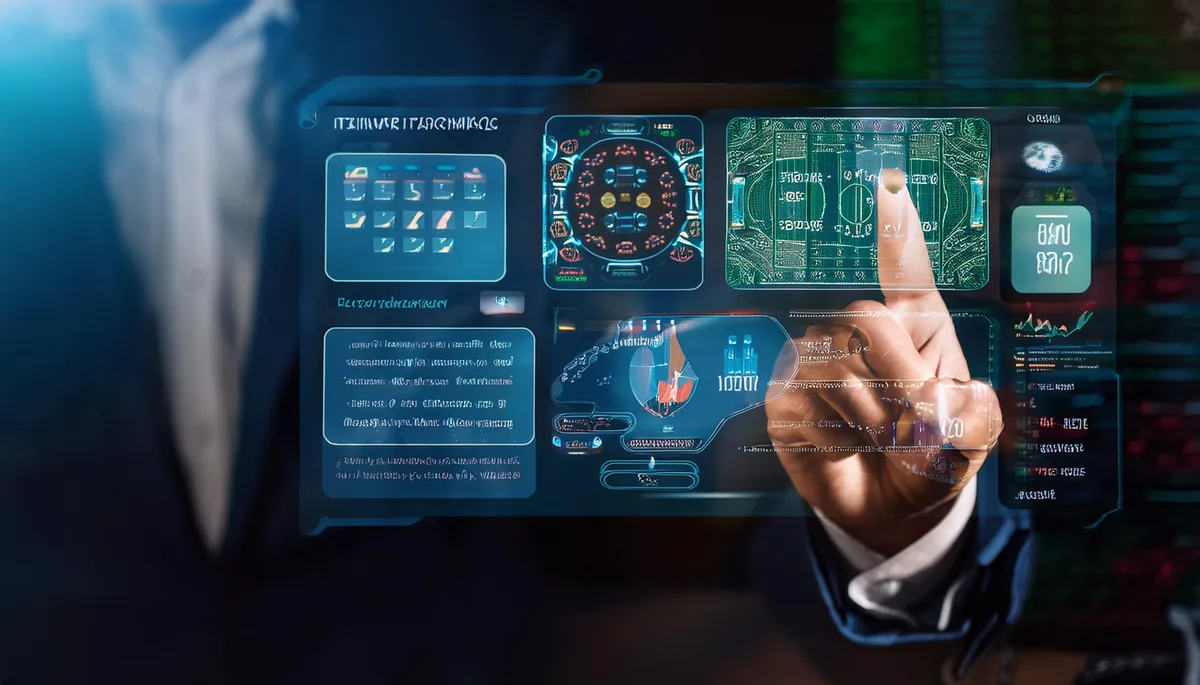 Hand tapping a futuristic secure login dashboard with market panels