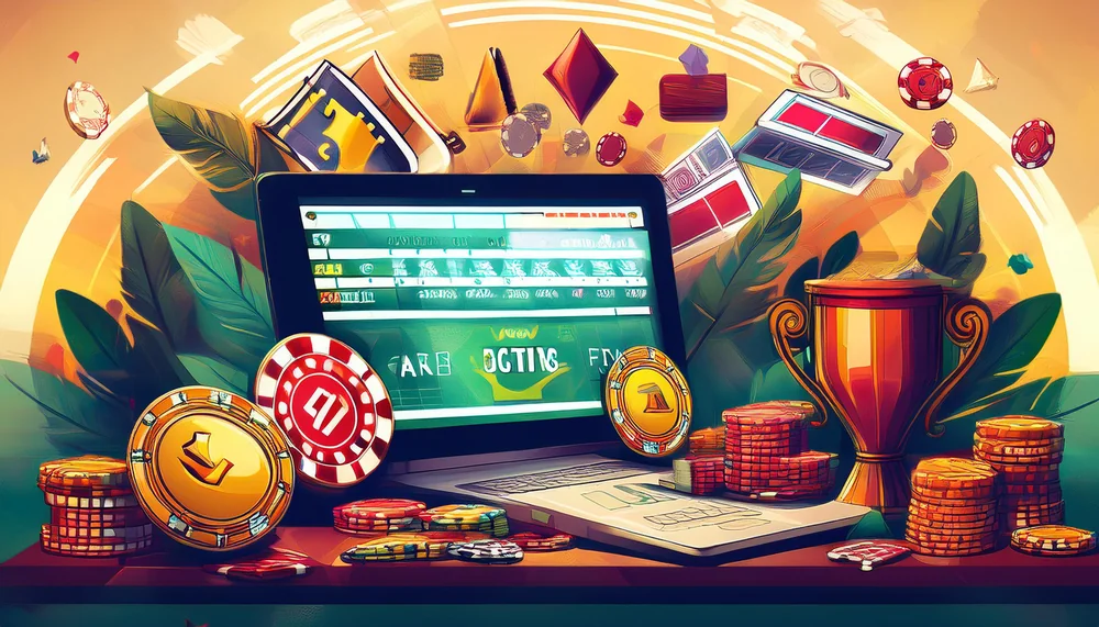 Illustrated laptop showing a betting dashboard surrounded by coins and a trophy