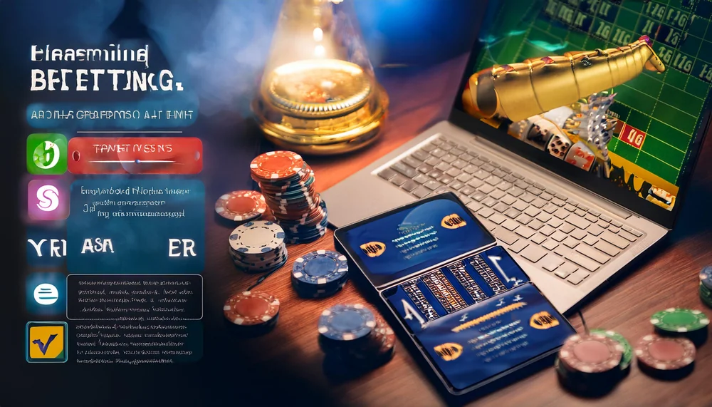 Laptop and smartphone showing betting app screens beside stacks of casino chips