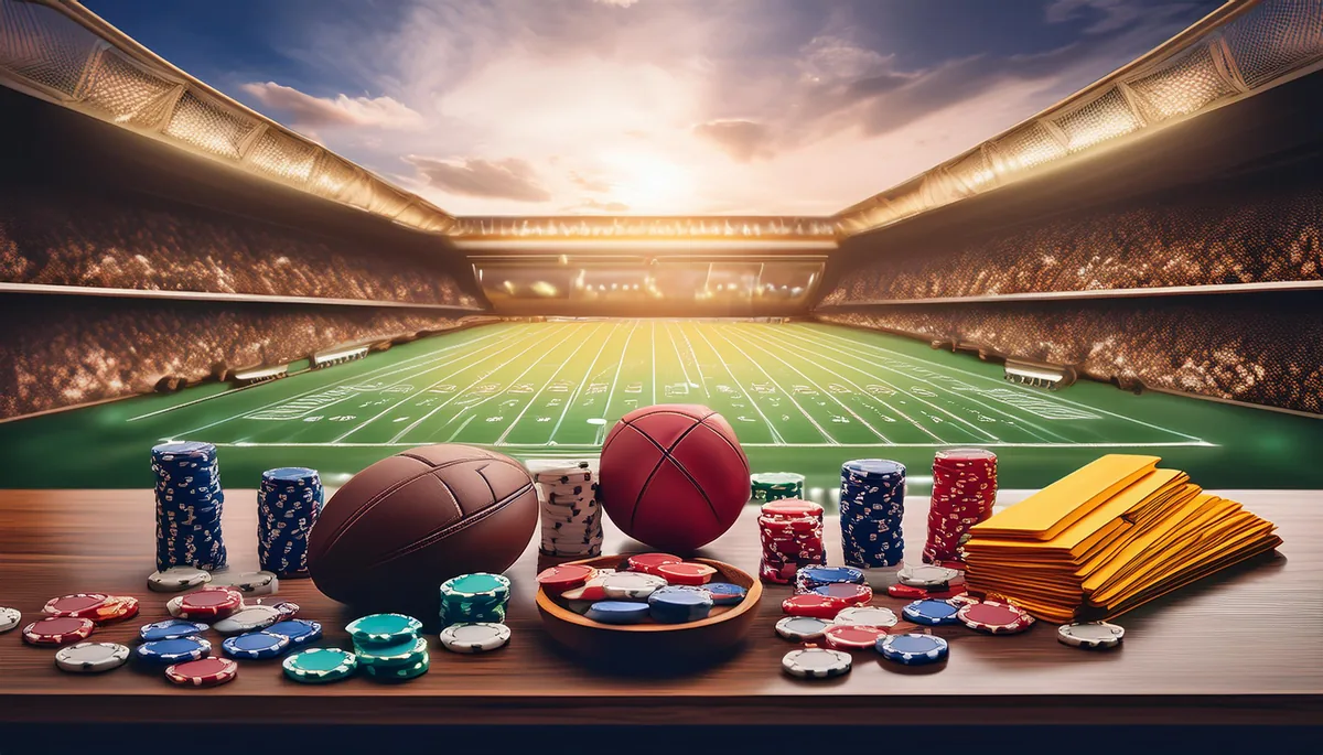 Fantasy cricket stadium with chips and match tokens