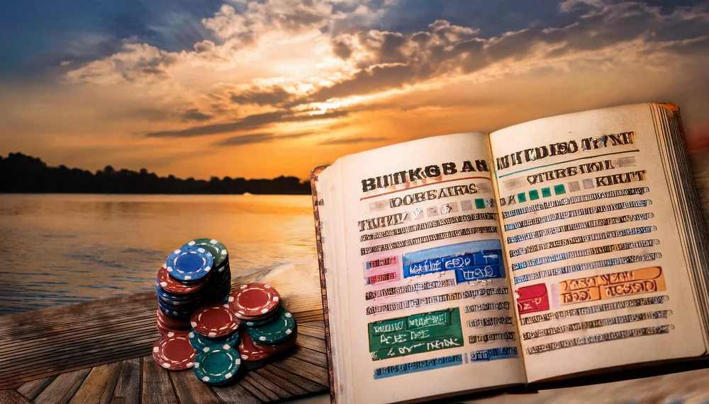 Match odds book with betting markets beside a lake at sunset