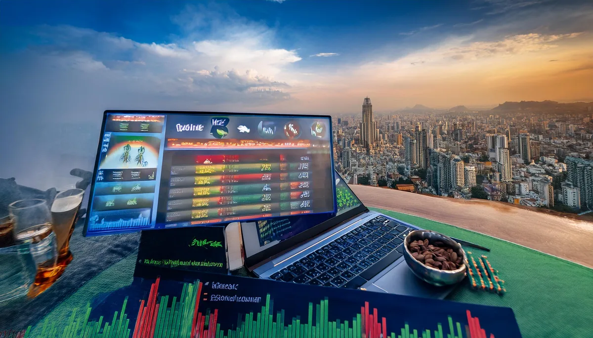 Exchange trading view with live market charts over a city skyline