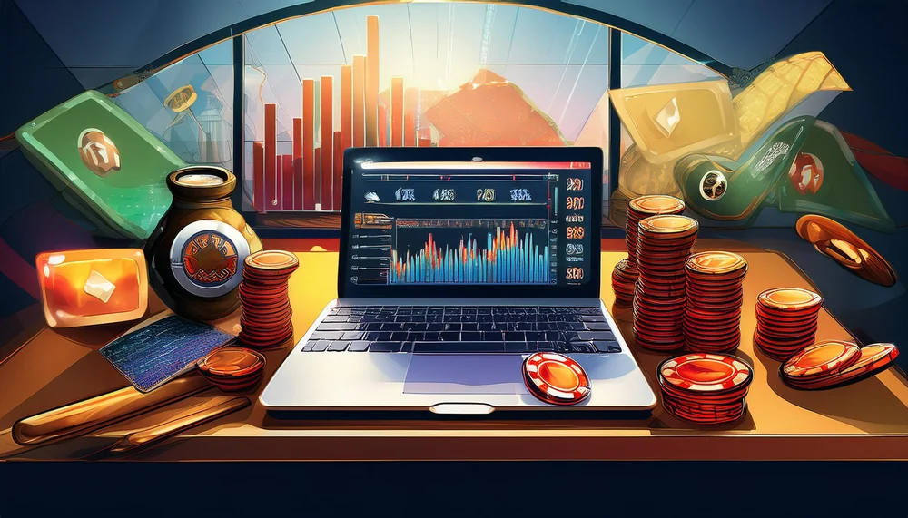 Illustrated laptop showing account balance charts surrounded by coins, chips and a cash pouch