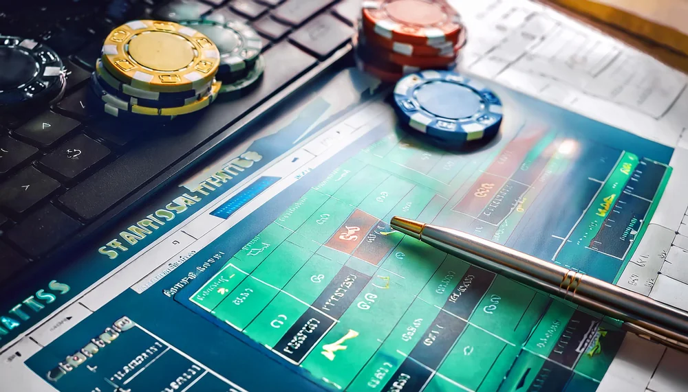 Betting market worksheet on a desk beside a keyboard, pen and stacked casino chips