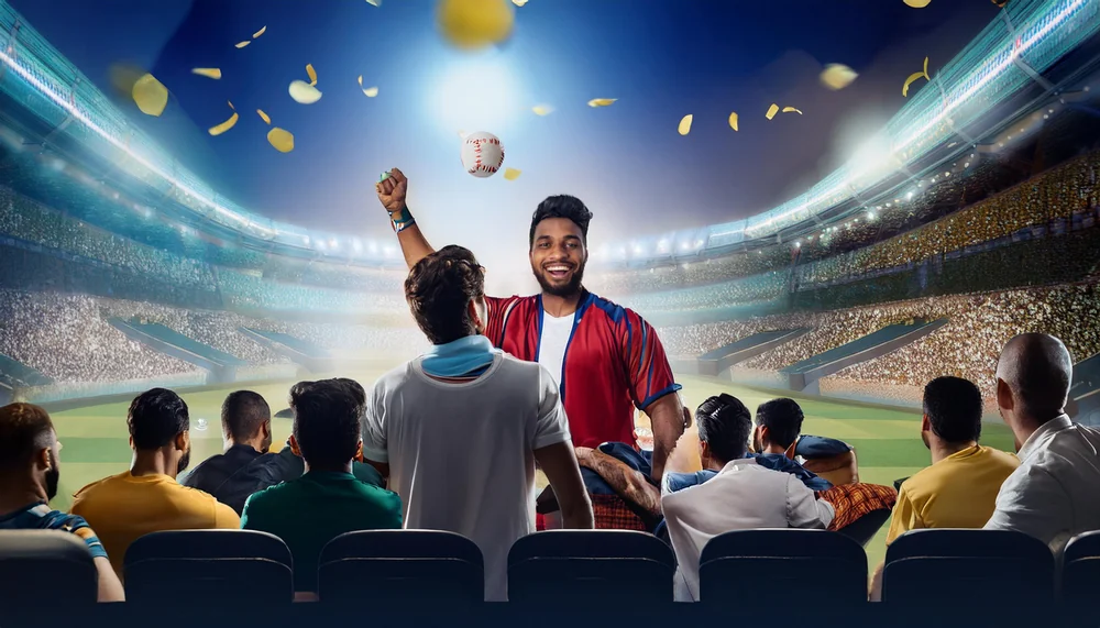 Cricket fan celebrating in a floodlit stadium as streamers fall around the crowd