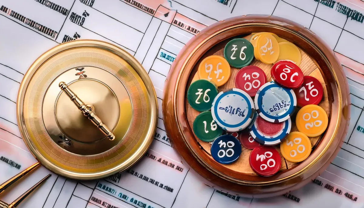 Magnifying glass resting on casino chips and printed documents, suggesting a careful authenticity check