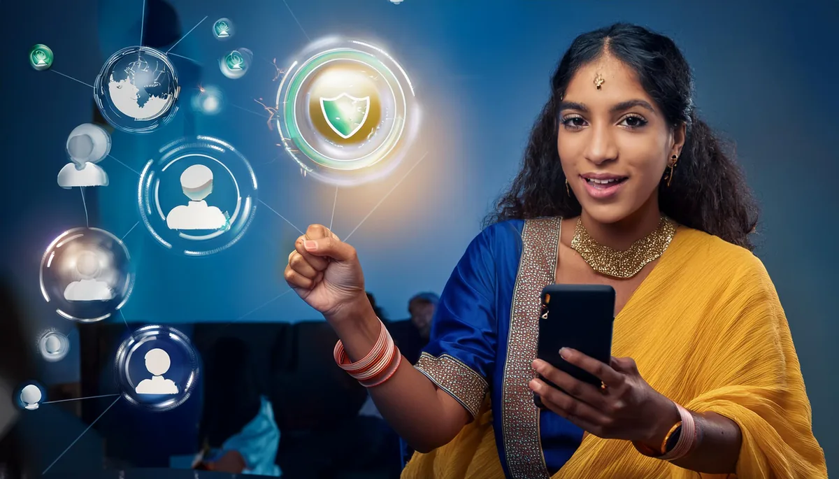 Woman in a saree holding a phone beside a glowing security shield hologram