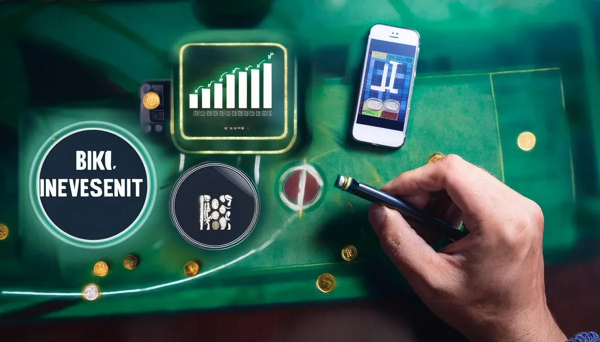 Hand marking a betting table beside a phone and a rising chart, suggesting tracking a payout