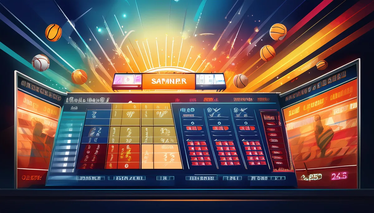 Illuminated sportsbook odds board with basketballs and match markets