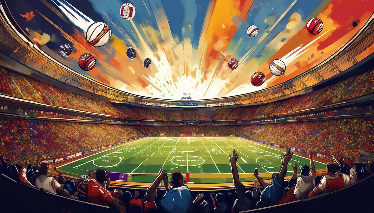 Ludo 20x board bursting with colourful balls above a stadium crowd