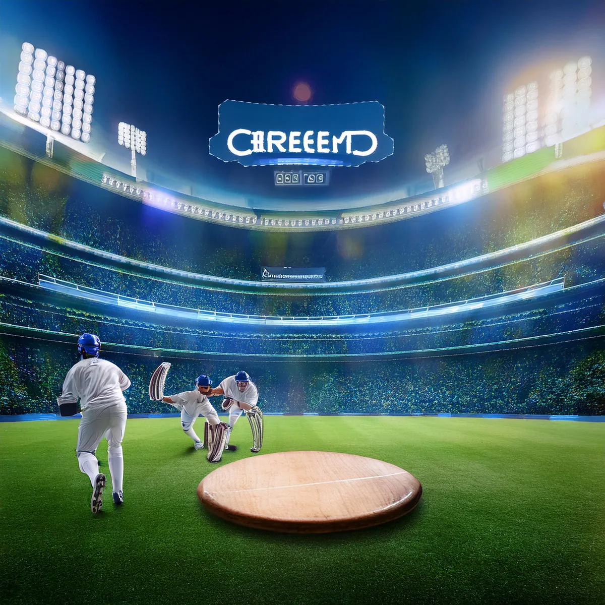 Super Over cricket game shown on a floodlit night pitch